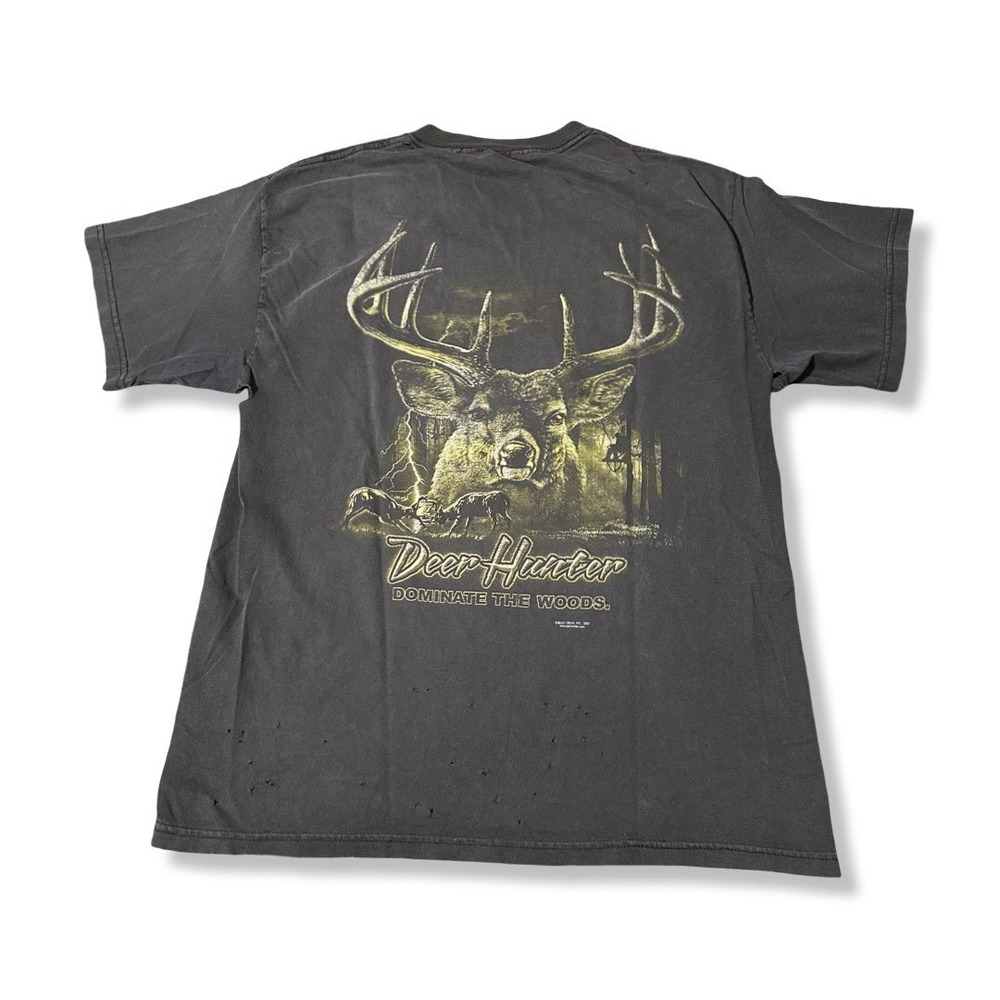 VTG Buck Wear Deer Hunter T Shirt Mens L Black Graphic Dominate Woods 00s Y2K